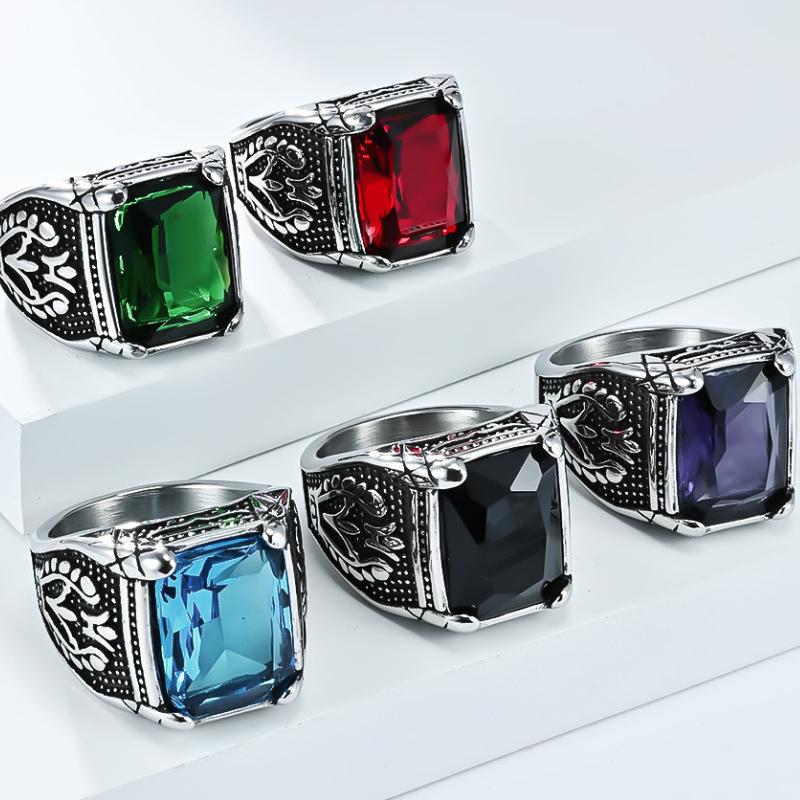 Vintage Tulip Men's Ring Stainless Steel Thumb Ring with Inlaid Glass Gemstone Retro Aesthetic Jewelry for Him
