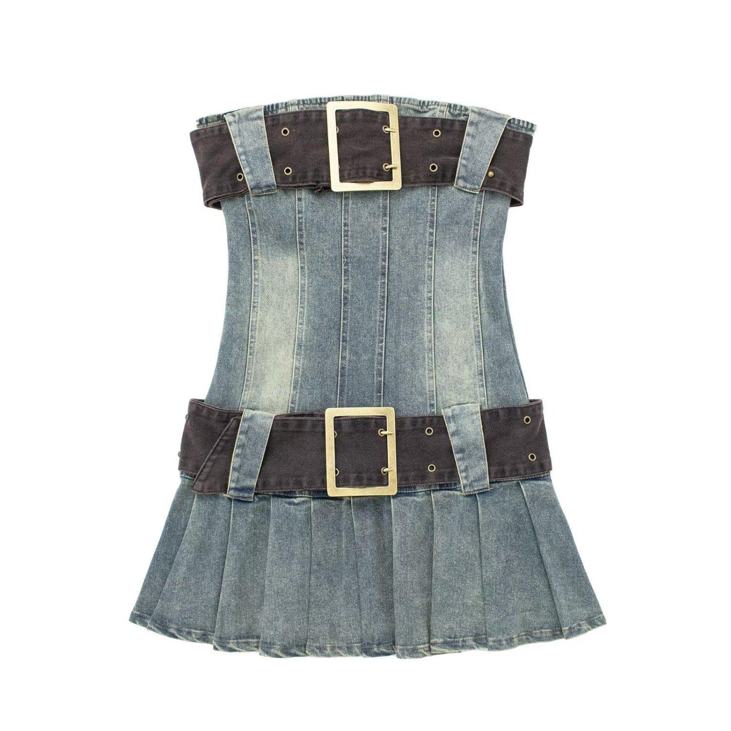 

Винтажное платье Y2k 2000-х годов, цельное корсетное джинсовое платье с поясом, плиссированное мини-короткое джинсовое синее платье, красотка, летнее женское платье S синий