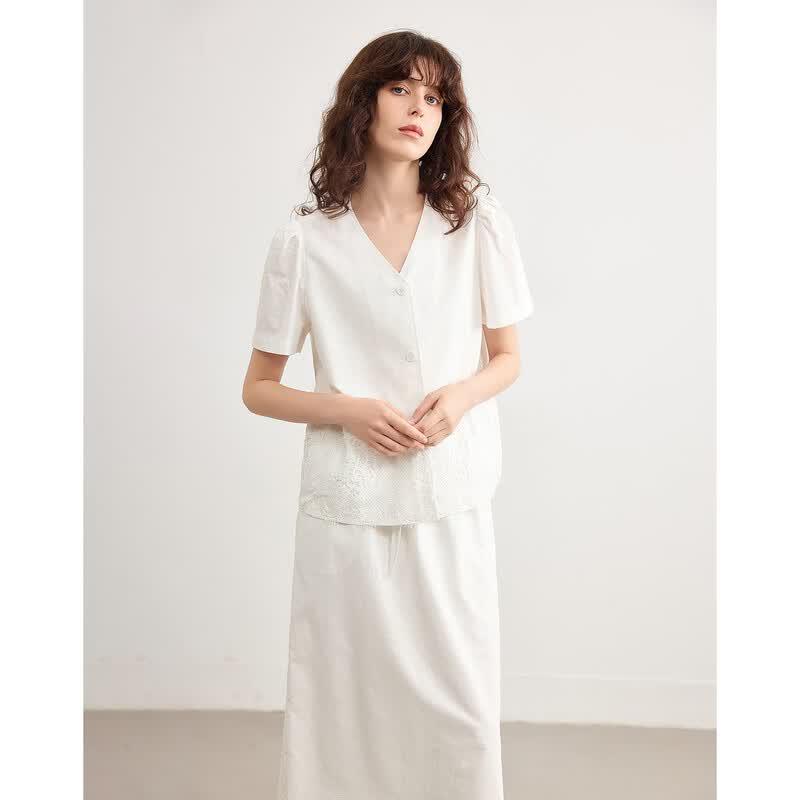 Demana Linen-Cotton Blend Lace Embroidered Two-Piece Set