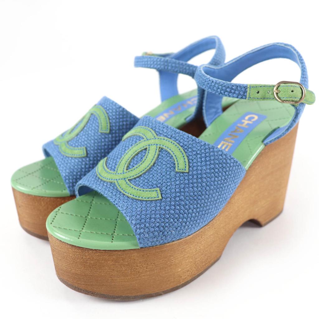Excellent CHANEL Sandals COCO Mark Ankle Strap Wedge Heels Blue Women 35 G45555 Used