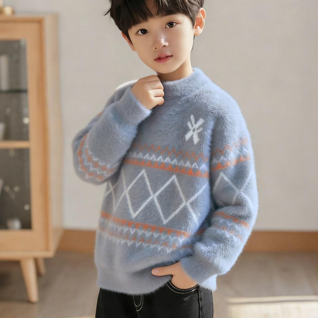 Boys' Warm Non-slip Sweater - Winter Children's Fashionable Plush Knitted Jersey
