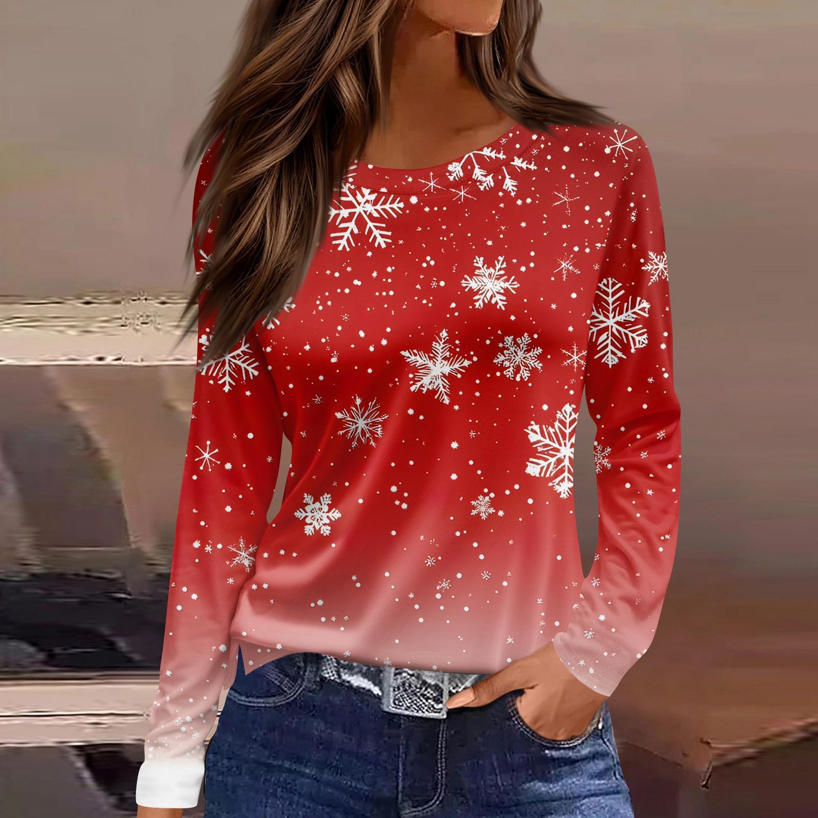 

Women s Fashion Casual Slit Hem Round Neck Long Sleeve Loose Christmas Printed T-Shirt Ladies Top XL киноварь