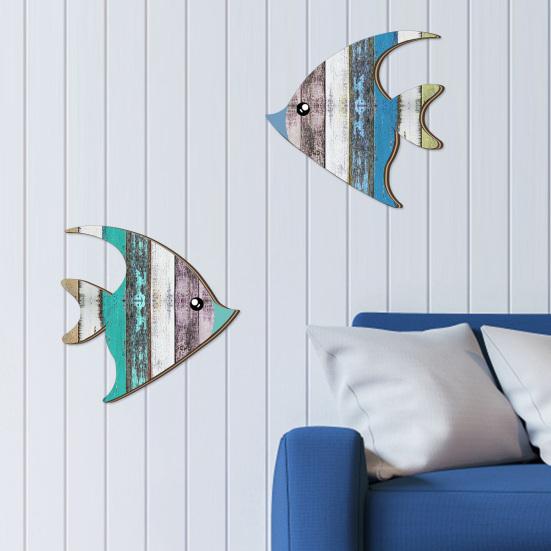 2Pcs/Set Wooden Fish Wall Decor Coastal Fish Wall Art Decorations Rustic Seaside Fish Wood Artistic Panel for Home Bathroom Beach House