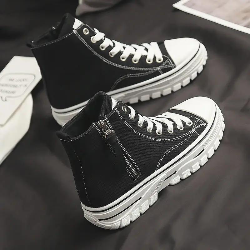Fashion Black Booties Platform Ankle Sports Boots for Women Chunky Woman Short Sneakers Shoes Lace-up Elegant with Low Heels Laces Goth