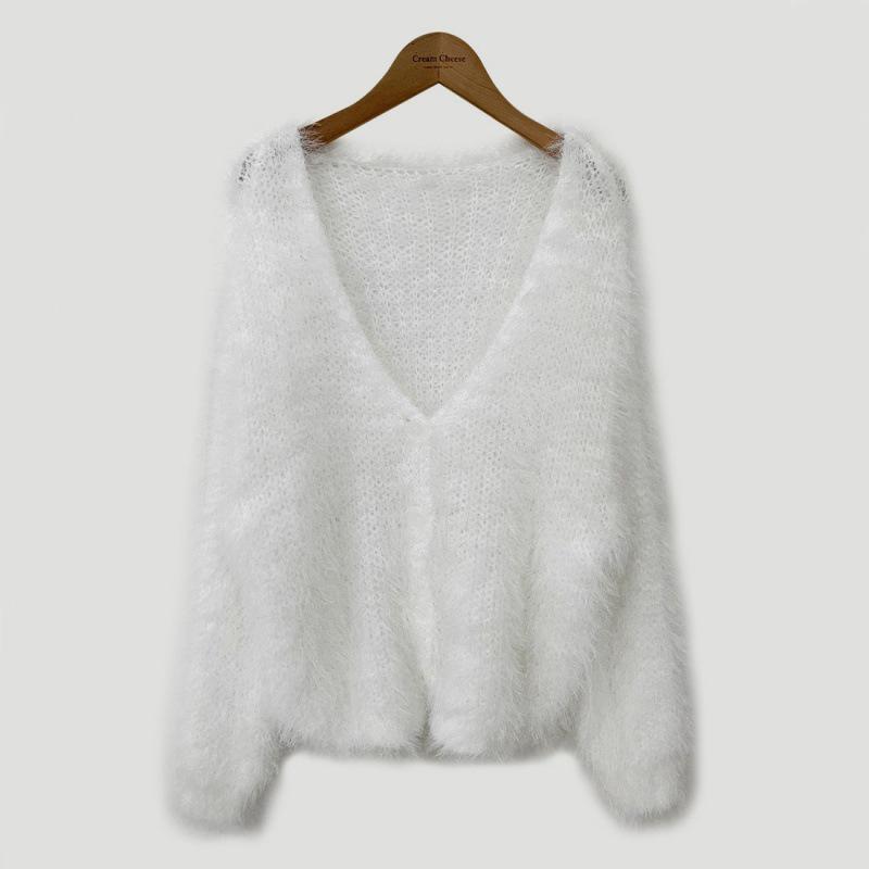 Chic Korean Faux Mink Long-Sleeve V-Neck Cardigan Sweater for Women
