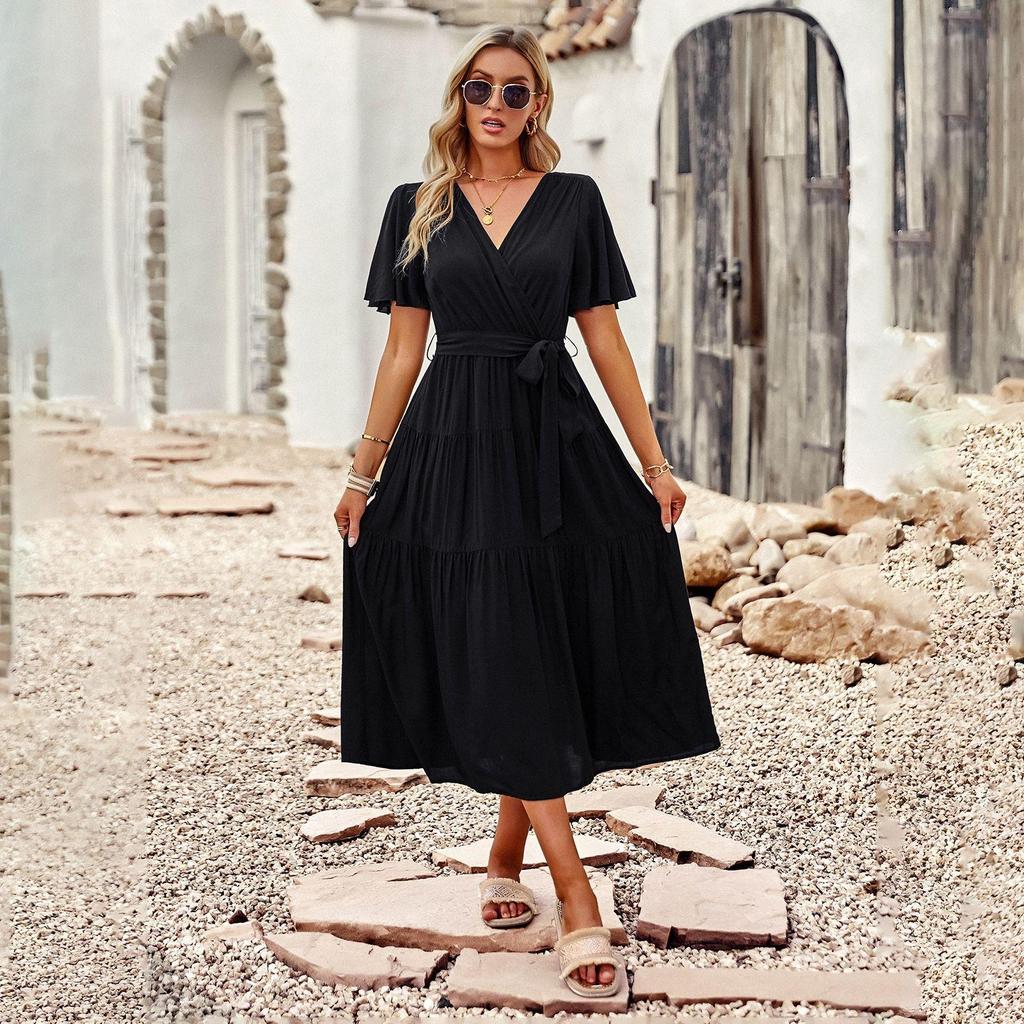 Summer Elegant V Neck Pleated A Line Dress for Women Short Sleeve Solid Color Chest Wrap