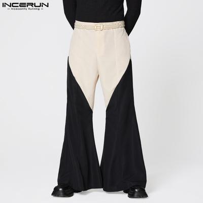 Men Zip-up Waist Stitching Patchwork Casual Long Flare Trousers Pants