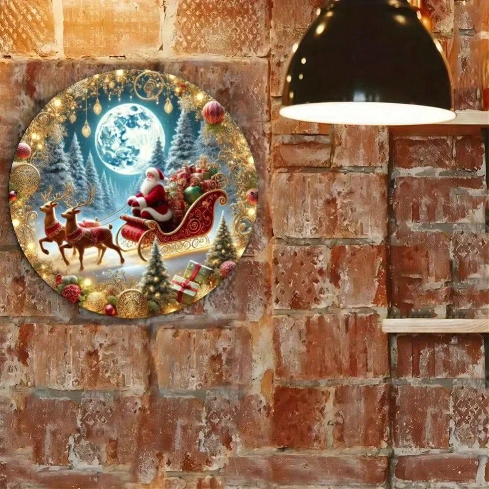 Christmas Metal Wall Art Santa Sleigh Sign with Gold Tree Holiday Decor