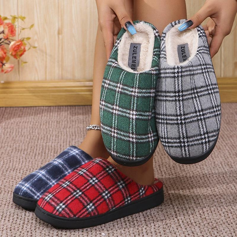 Fashion Mix Color Plaid Fur Slippers Women Soft Bottom Non Slip Plush Slippers Woman Faux Fur Warm Indoor House Cotton Slides Ladies