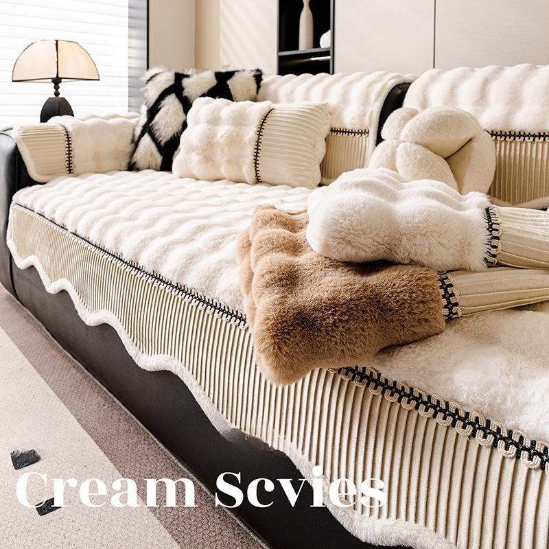 Winter High End Anti Slip Cover Cloth Irregular Thickened Plush Seat Cushion Straight Row One Piece Rabbit Plush Sofa Cushion