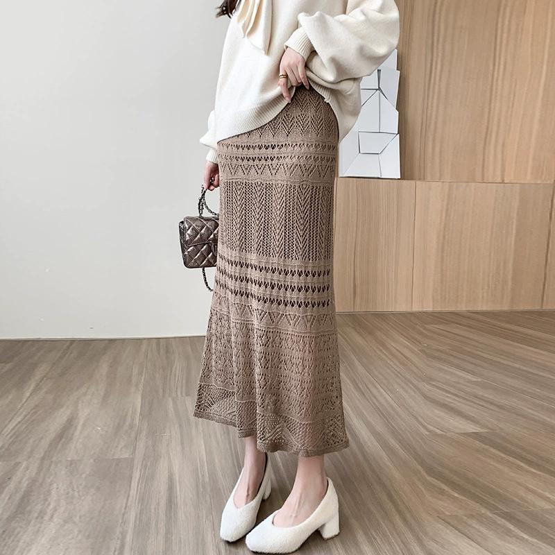 Qooth Women Lace Hollow Pencil Skirt Elegant Elastic Waist Midi Hip Skirt For All Season QT2205