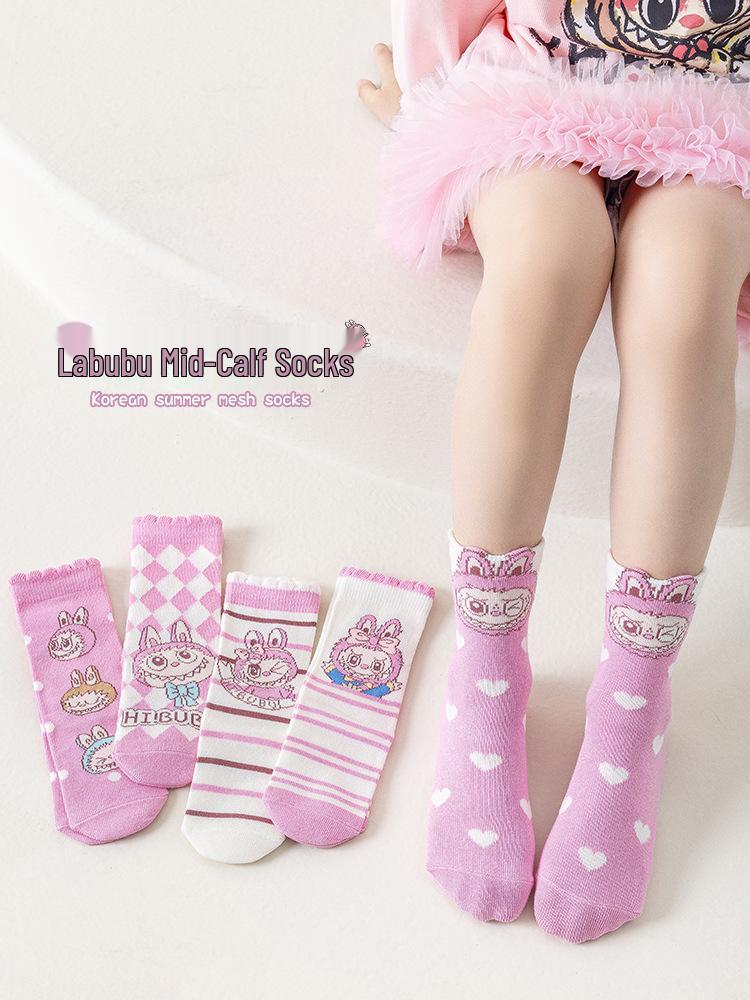 Labubu Niedliche Cartoon-Mittelwaden-Baumwollsocken für Mädchen - Frühlings-, Herbst- und Winterkollektion