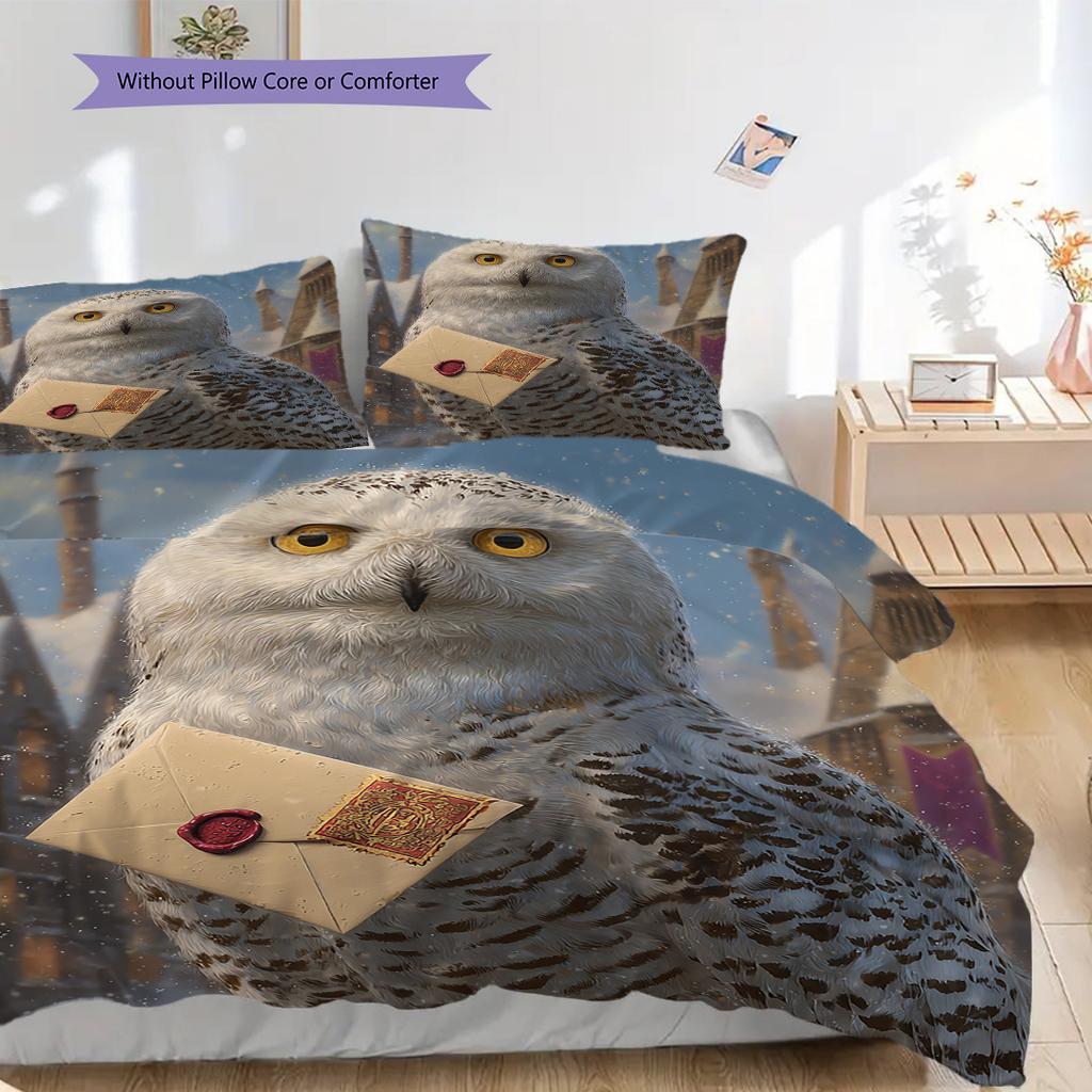 Snowy Owl Pattern Bedding Quilt Set Quilt Cover Pillowcase Home Decoration Birthday Gift (1 * duvet cover + 2 * pillowcase, without core)