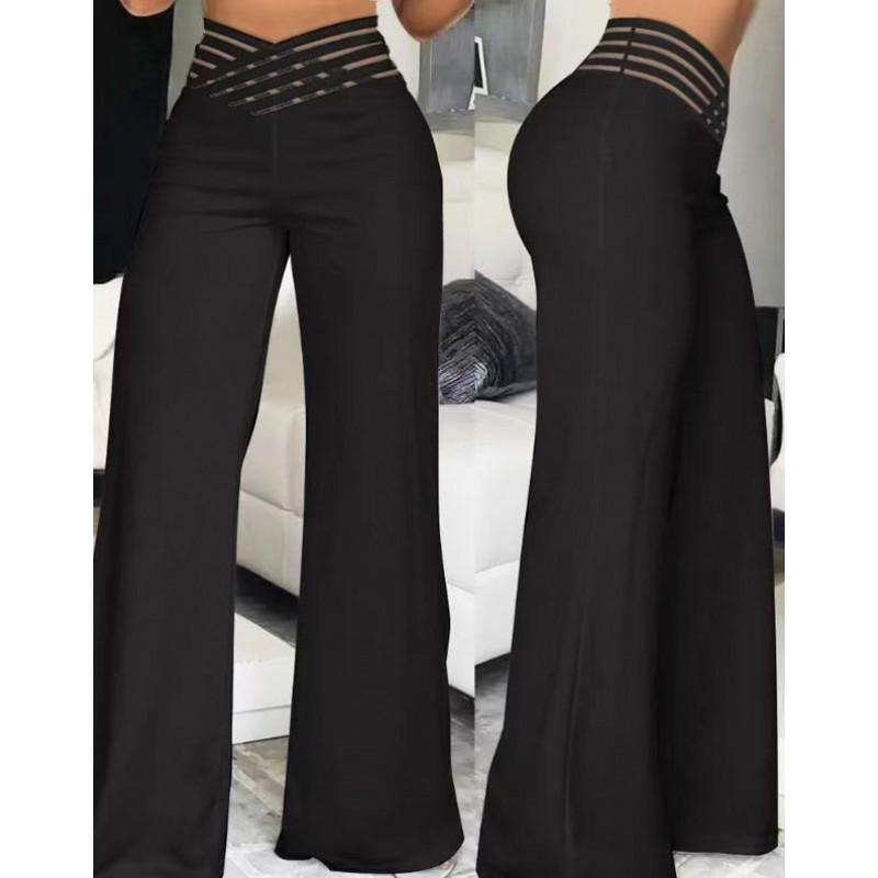 Womens High-Waisted Wide-Leg Pants With Cutout Waistband Casual Office Trousers Stretchy Loose Fit