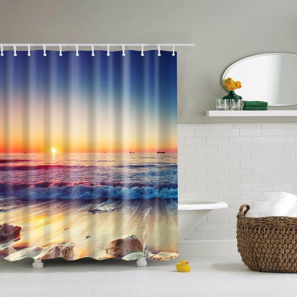 Küstenlandschaft Strand Muscheln Duschvorhänge Seestern Schneckenhaus Blaues Brett Palmen Sonnenuntergang Naturlandschaft Badezimmervorhang Dekor