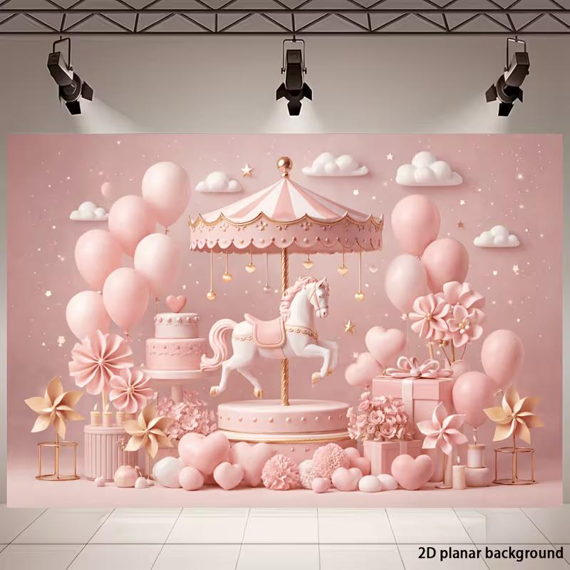 Sfondo 2D Rosa Giostra per Fotografia del Primo Compleanno di Bambina