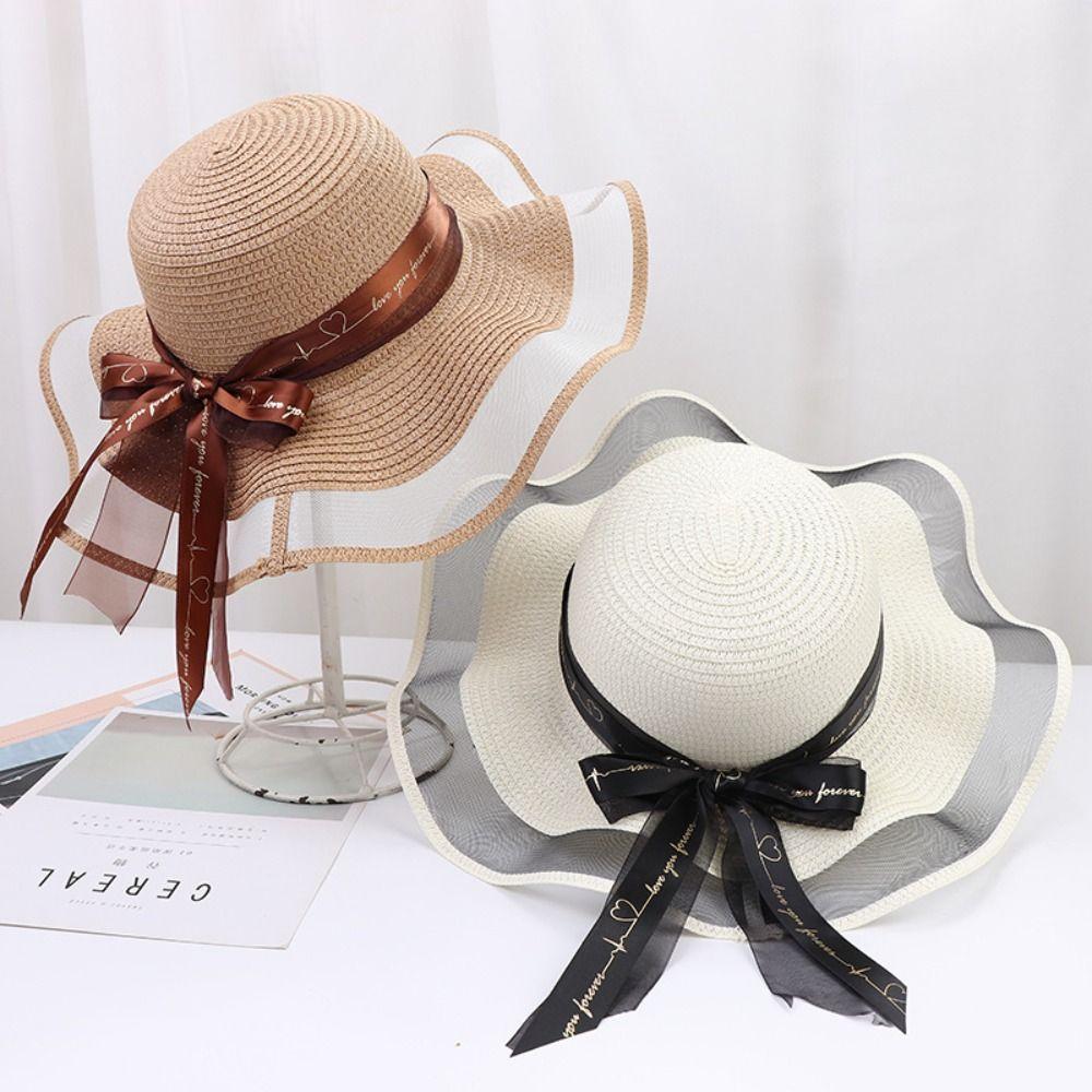 Weave Bow Straw Hat Bowkont Sun Protection Cap Sweet Beach Hat  Holiday