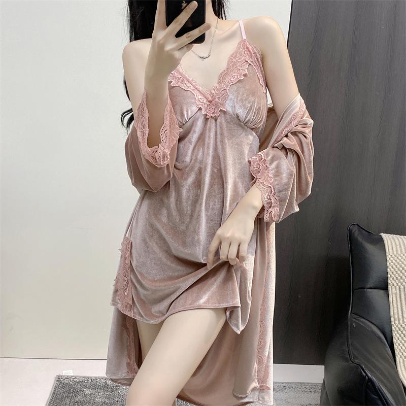 Golden Velvet Women's Pajamas Autumn and Winter New Sexy Suspenders Thermal Nightgown Nightgown Loungewear Lace with Chest Pad