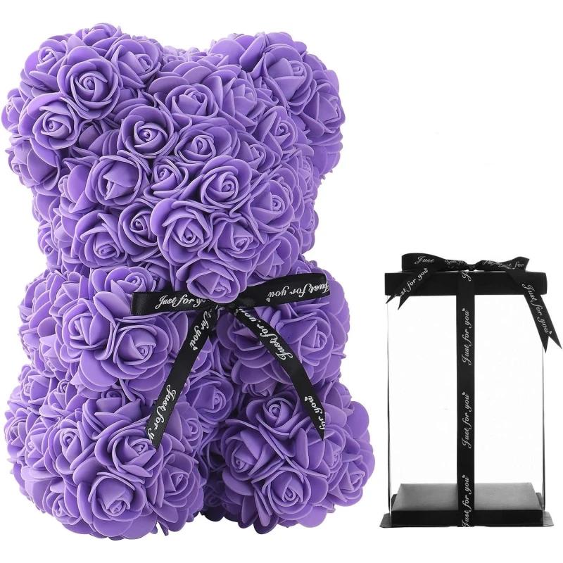 25cm Artificial Teddy Rose Flower Bear with Box Romantic Valentines Day Gift Girlfriend Women Anniversary Wedding Party Supplie