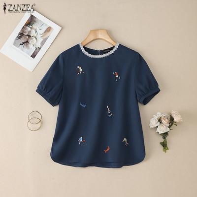 Women Summer Casual Round Neck Short Sleeve Print Blouse