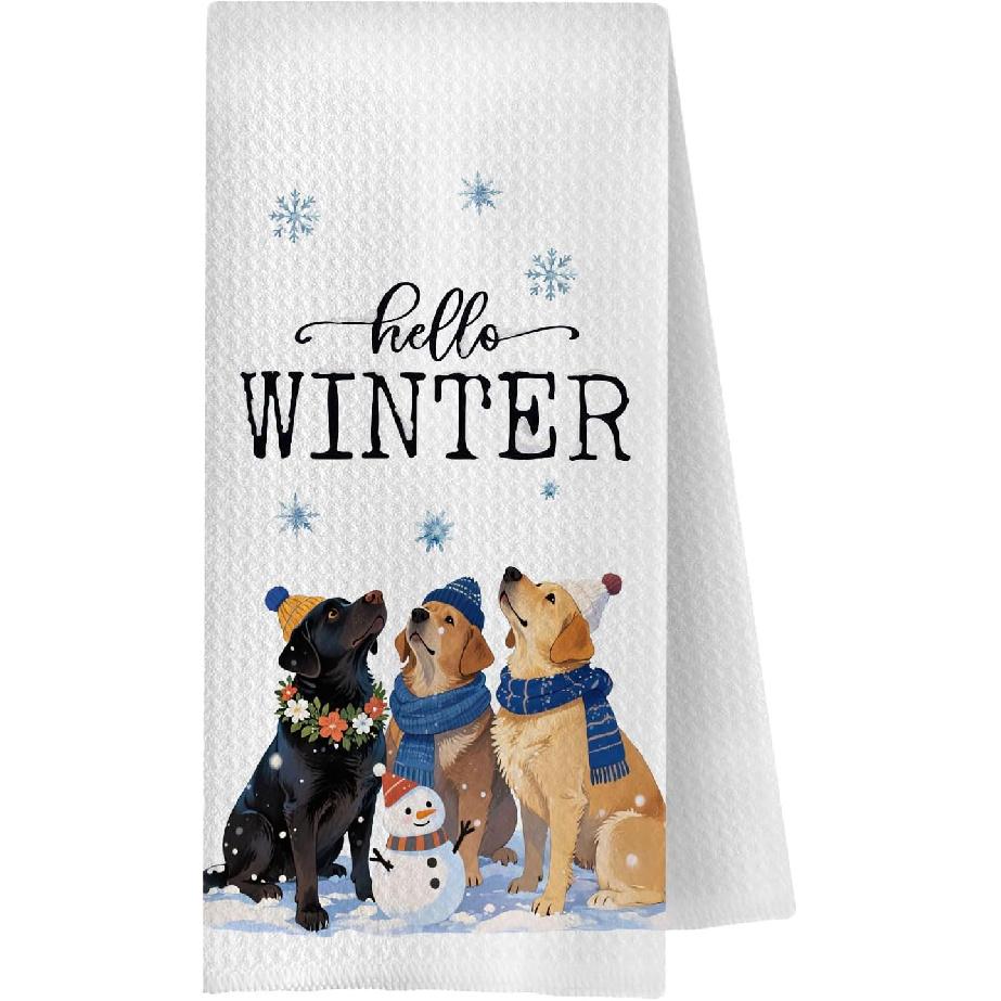 Winter Labrador Retriever Snowman Kitchen Towels, Black Yellow Chocolate Lab Gifts Dish Tea Towel for Kitchen, Winter Snowflake Lab Dog Decorative 13