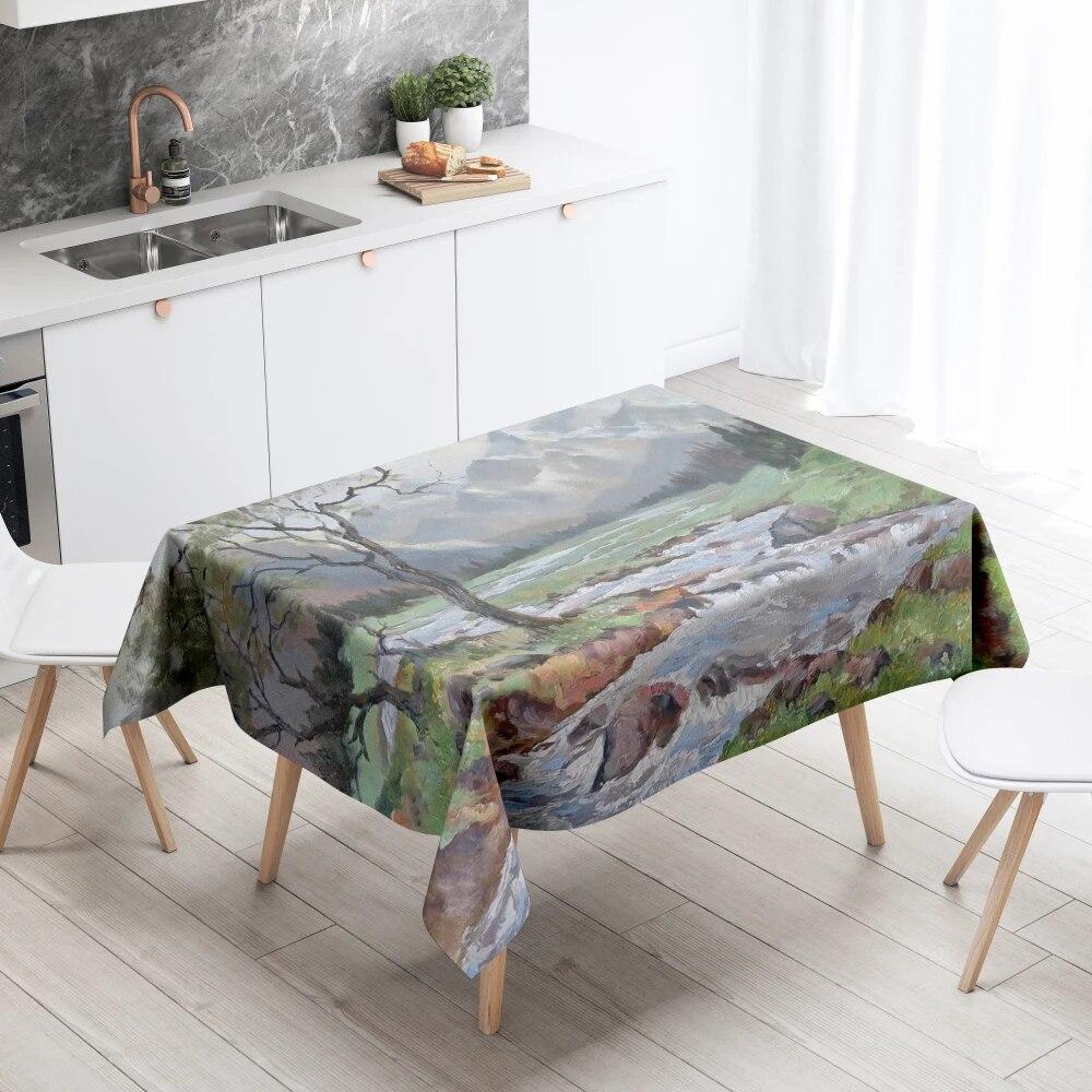 Forest Scenery Tablecloth Home Decor Stain Resistant Waterproof Table Decoration Rectangular Kitchen Fireplace Countertop