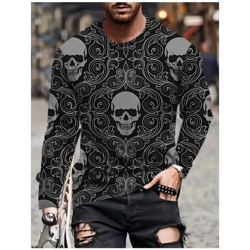 Round Neck 3D Skull Printed Top Casual Long Sleeved Men's T-shirts - Soft Medium Stretch Polyester Fabric Spring and Autumn Relaxed Fit Clothing