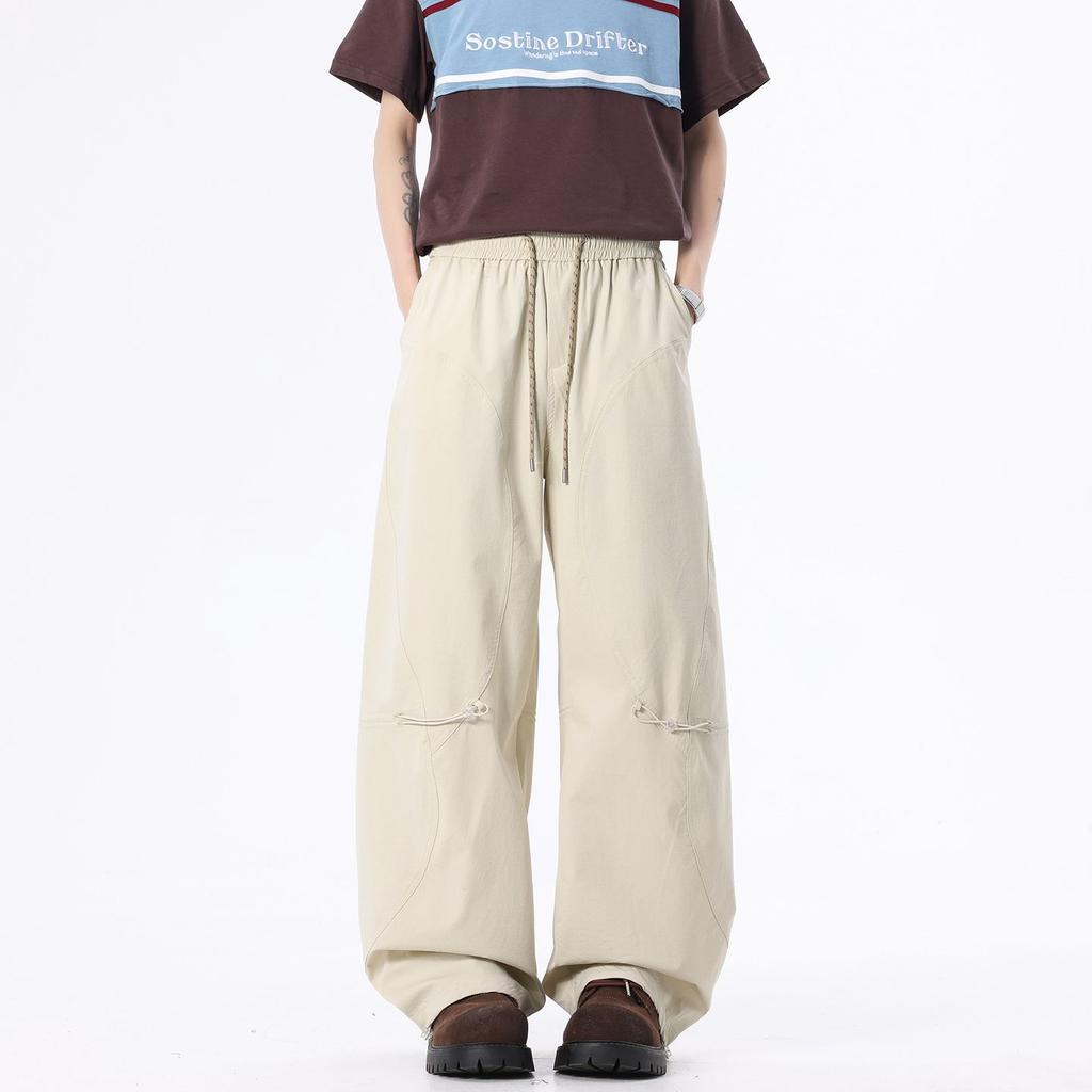 Spring and summer new European and American retro splicing light apricot scimitar loose straight casual pants men's trendy pants