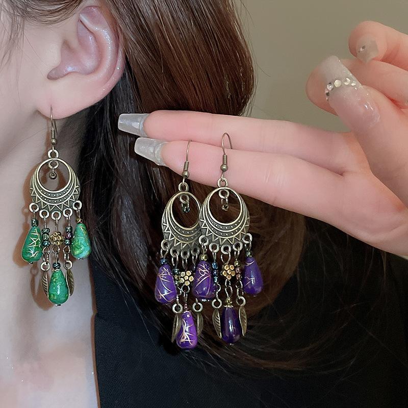New Chinese Flower Round Drop Tassel Ear Hook Ethnic Style Retro Female Drop Earrings Fashion Personality Earrings for Women