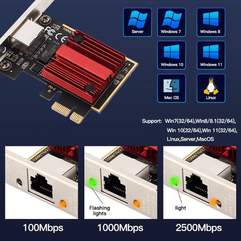 1Pc 2.5G PCI-E To RJ45 Network Card RTL8125B Chip 100/1000Mbps 2.5Gbps Ethernet Wired LAN Controller Adapter For Win7/8/10/11