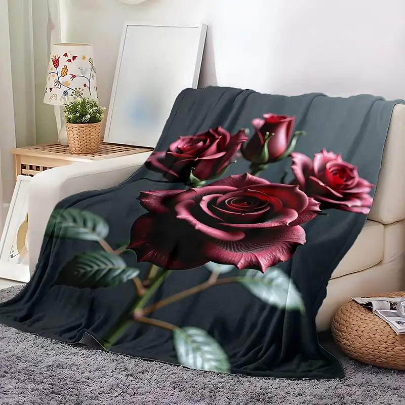 A Luxurious Rose Floral Pattern Flannel Blanket - Perfect for All Seasons, Great for Camping, Traveling, Bed, Christmas