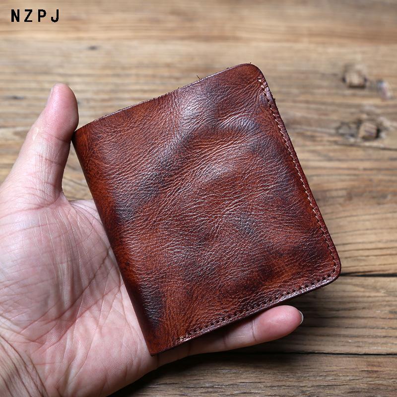 NZPJ Men's Leather Wallet Retro Top Layer Cowhide Wallet Vertical Document Clip Short Youth Women's Ultra-thin Coin Purse Bag