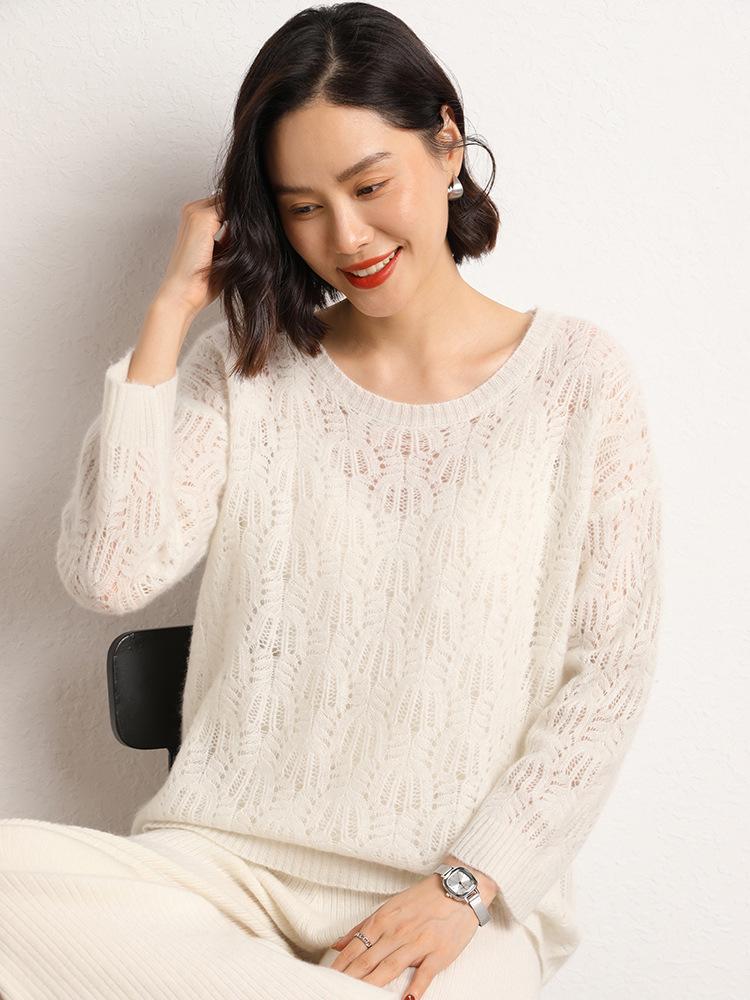 Women's Autumn Winter Cashmere Sweater - Hollow Design, Tree Grain, Round Neck, Long Sleeve, Loose Fit Pullover