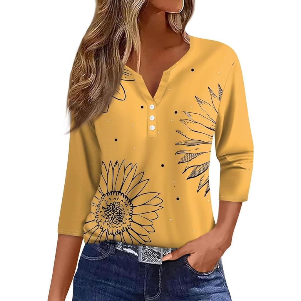 Women's Clothing Summer 2024 Tee Print Button Short Sleeve Daily Weekend Fashion Basic Top Dress Blouses