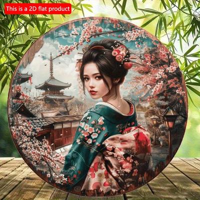 2d Flat 20*20cm, Round Wooden Wall Sign Art, Japanese Kimono Decorative, Entrance Decor Gift, Kimono Theme, for Bar, Cafe, Club, Home, Room Wall Decor