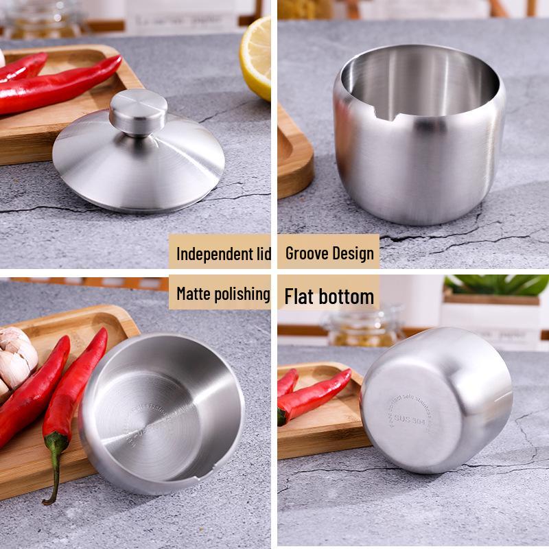 Gold Korean-Style Seasoning Jars, 201 Stainless Steel with Glass Lids On Tray, for Restaurant Use.