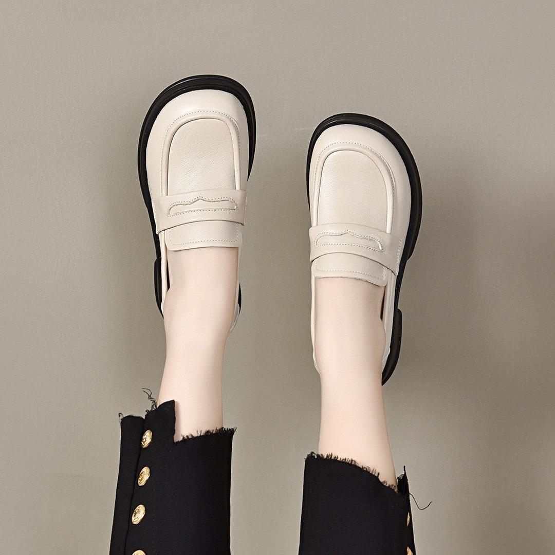 

Туфли на платформе женские 2024 года из коровьей кожи первого слоя, британский стиль, с круглым носком, базовые мокасины, кексы и туфли с одной педалью, всесезонные 40 бежевый