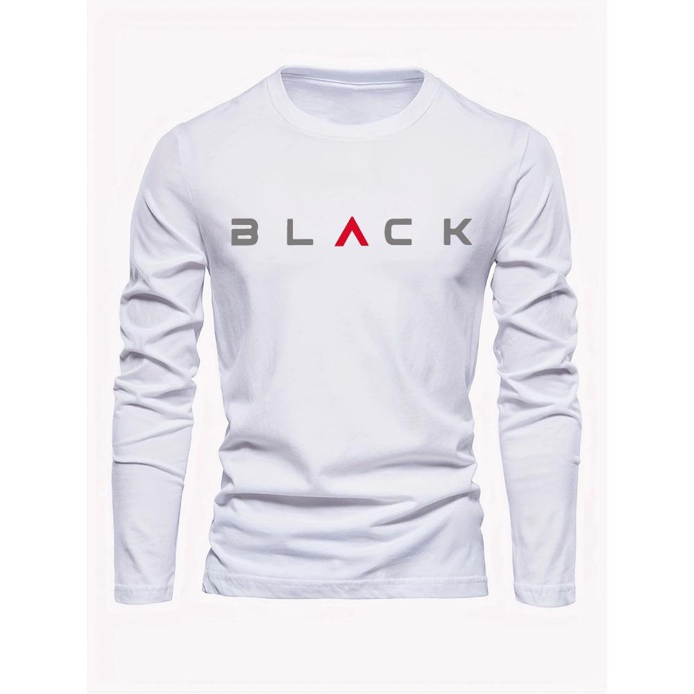 Men's 100% pure cotton loose fit plus size comfortable casual sports BLACK letter printed round neck long sleeved T-shirt top