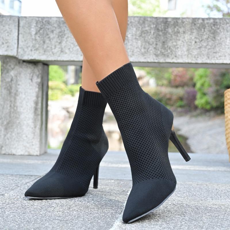 Fashion Black Stretch Skinny Socks Boots Women's 2025 New Mid-Tube Stiletto Pointed Toe High Heel Booties