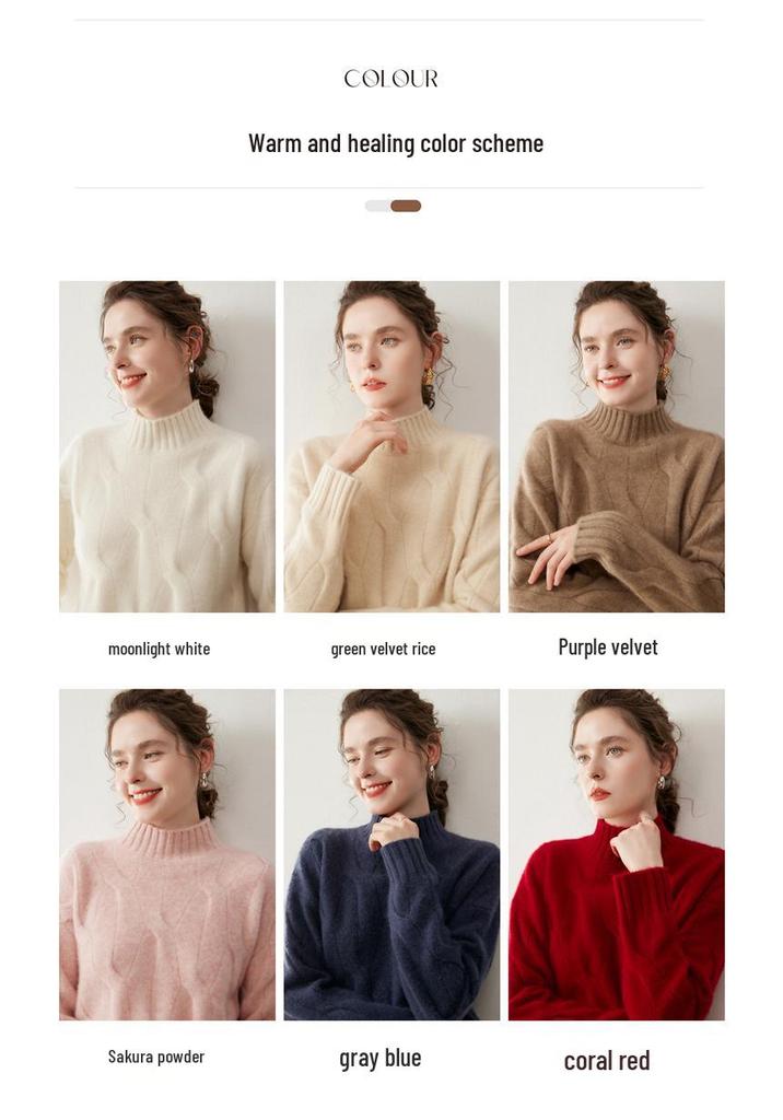 Women's Cashmere Half-High Neck Cable Knit Pullover - Thick, Loose & Cozy for Autumn/Winter.