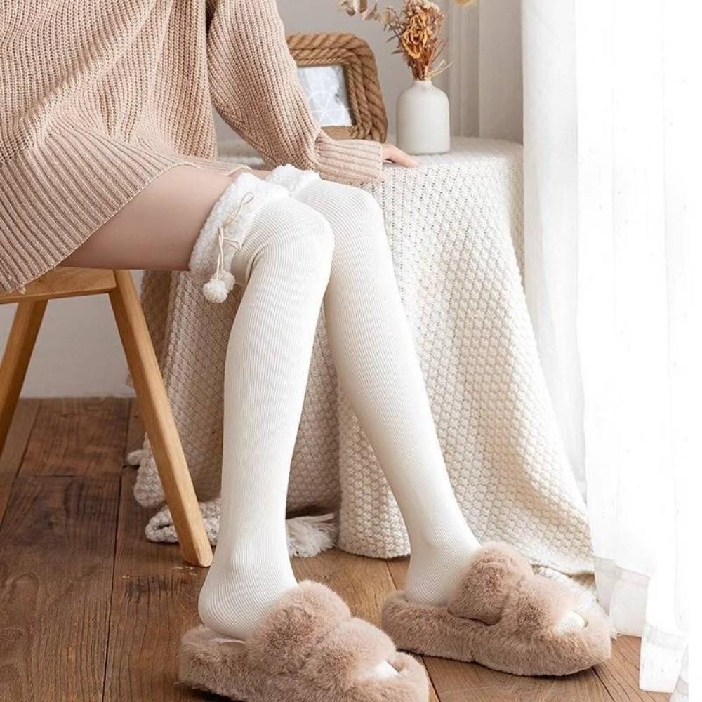 1 Pair Wool Ball Knee High Socks Vertical Stripe Plush Stockings Cute Over Knee Socks Women Girl