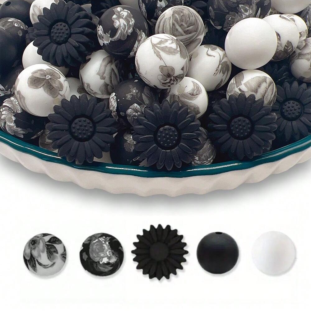 25PCS daisy and floral printed silicone bead set, punk style, suitable for DIY keychains, bracelets, bead pens
