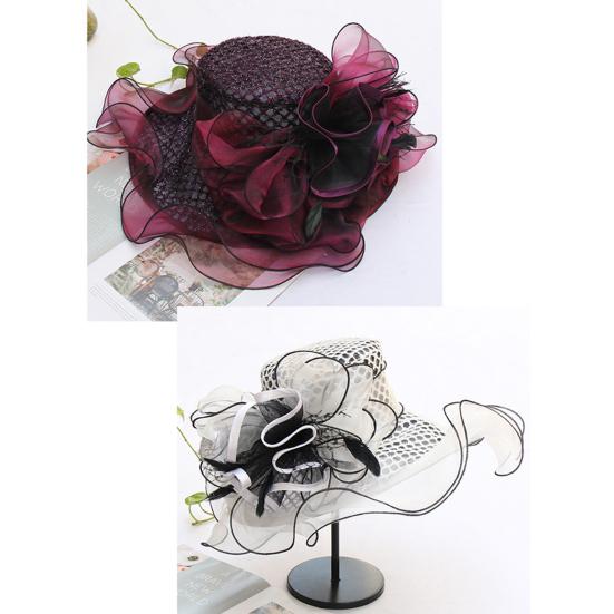 Women Performance Hat See-through Mesh Flower Decor Wide Brim Medieval Curling Edge Hollow Out Banquet Cap Stage Show Cap