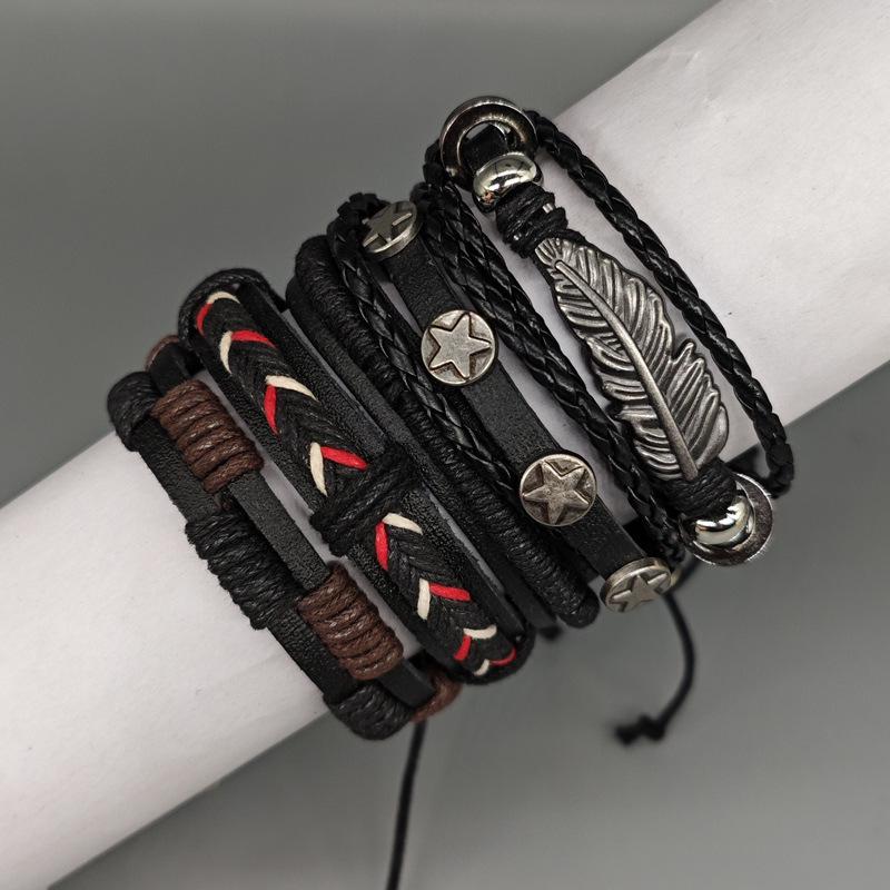 

Adjustable Drawstring Feather & Leaf Charm Leather Bracelet Set – Vintage Alloy Star, Woven 5-Piece Collection