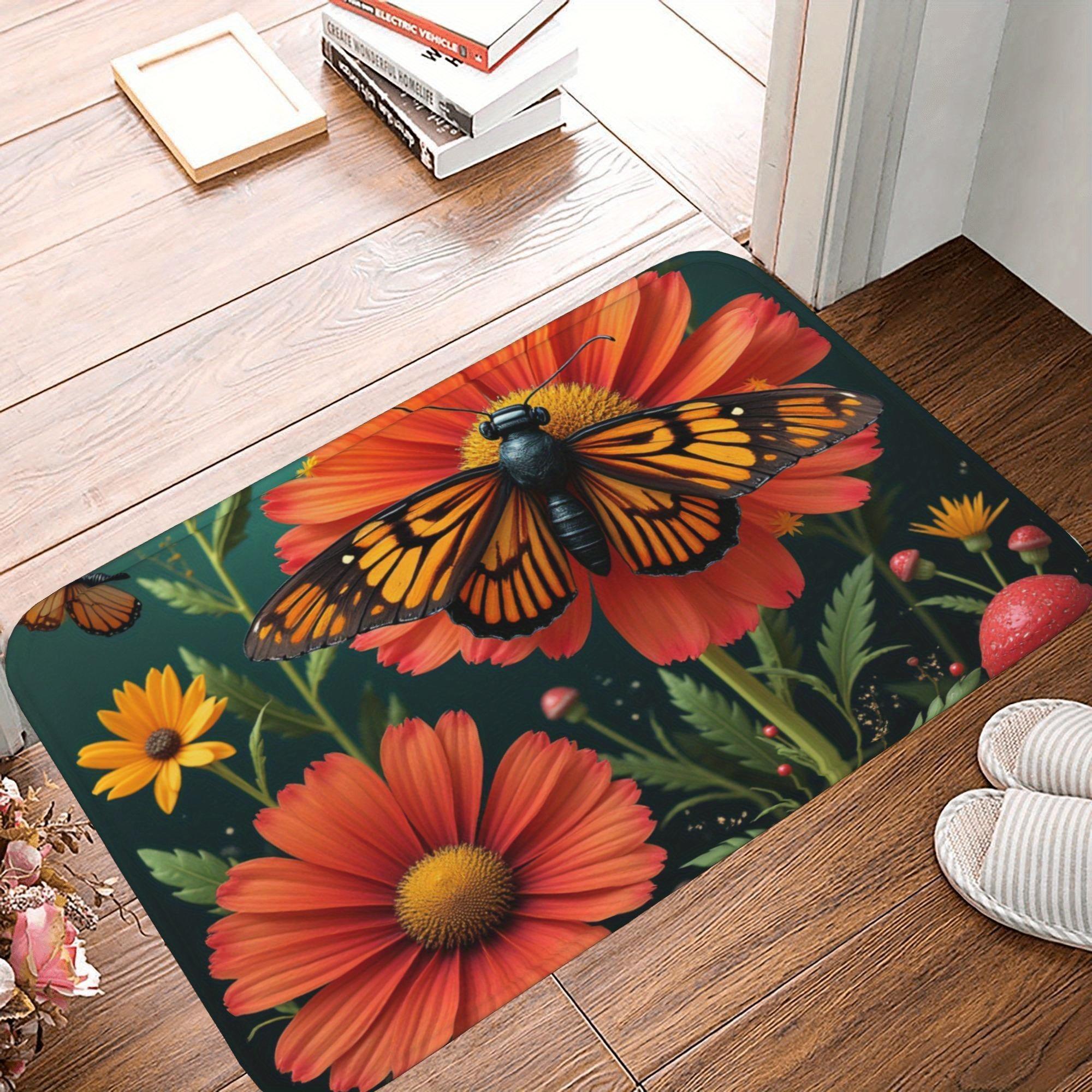 

1PC Butterfly Daisy Pattern Kitchen Rug Non-Slip Door Mat Pop design Bathroom Rug Bath Mat Carpet for Home Sink Laundry Decor 40cm x 60cm