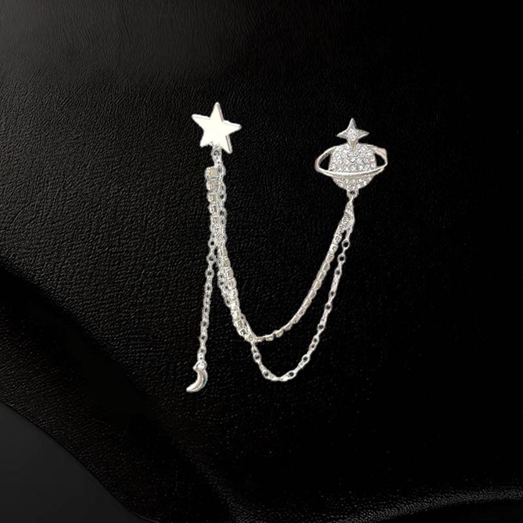Sophisticated Crystal Moon Planet Lapel Pin Adornment for Men Rhinestone Collar Accessory with Hanging Chain Brooch