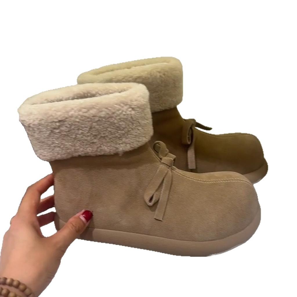 Cowhide version~ fur integrated fleece warm wool cotton boots women's retro wind short boots bow non-slip snow boots