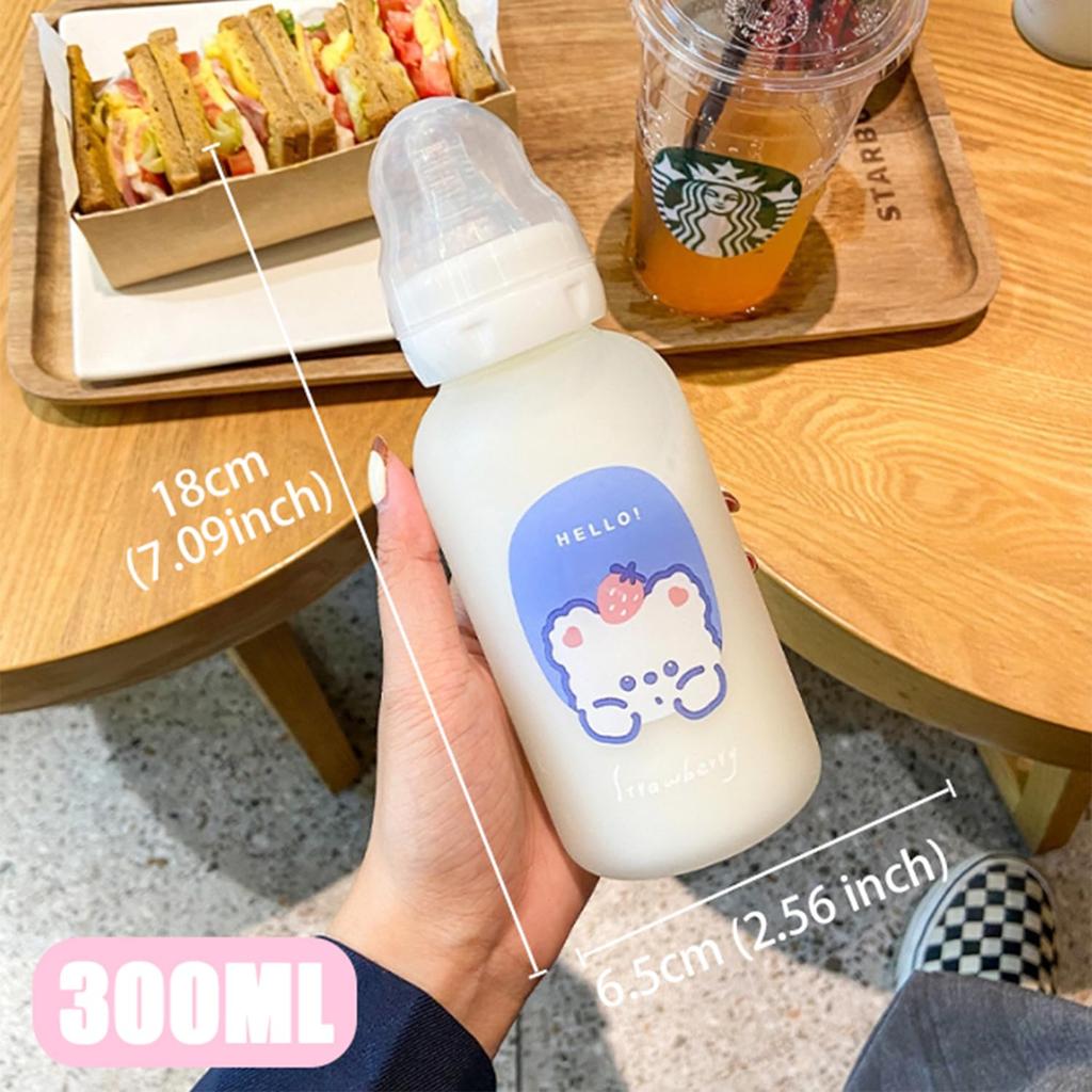 CutiePlusU Adult Baby Bottle, 300ml, Portable, Direct Drinking, Large Size, Printed Glass Baby Bottle with Cute Bear Design