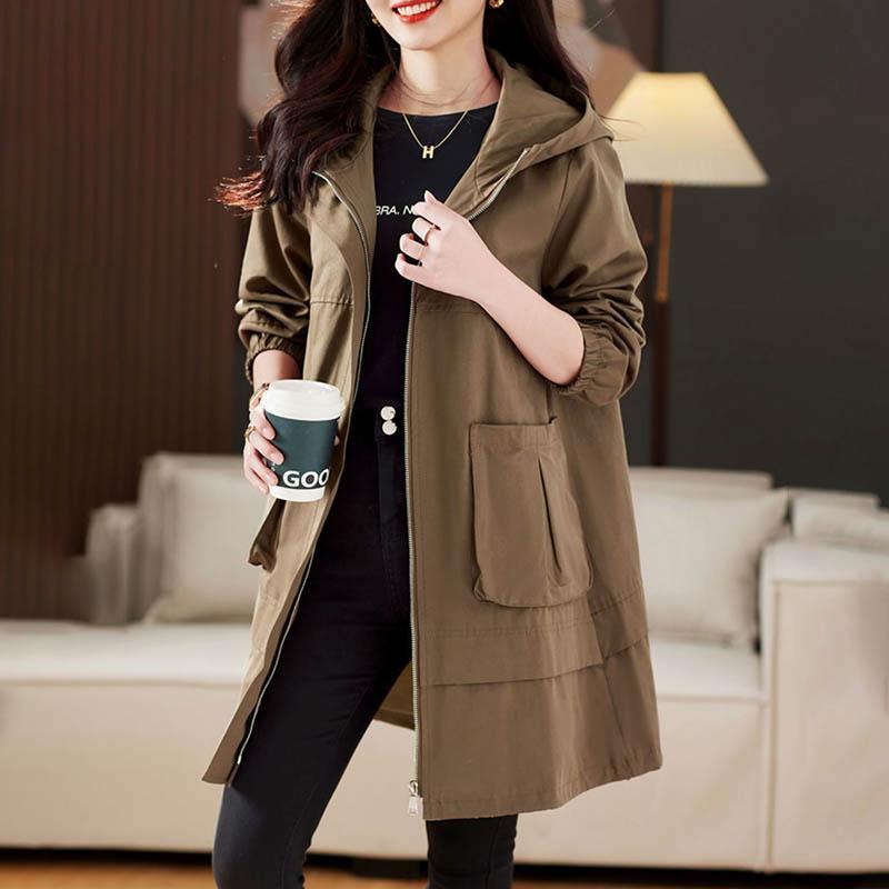 Large Size Women Hooded Trench Coat Jacket Medium-length Loose Casual Versatile Coat