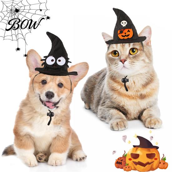 Cat Halloween Costume Accessory Witch Hat, Fun Pet Hat with Adjustable Elastic Strap, Cartoon Bat Themed Ghost Pumpkin Skull for Cats